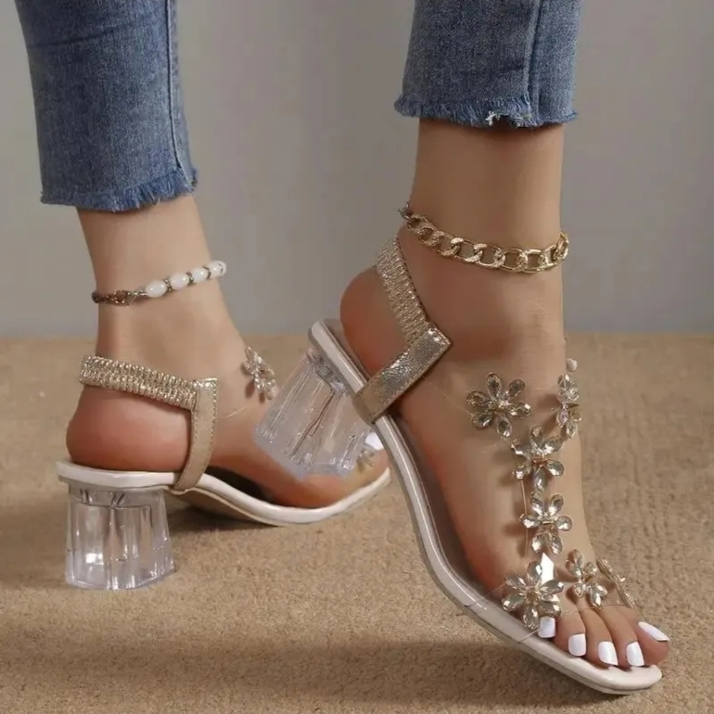 Rhinestone Clear Heel Sandals | Shein | Size 9 | Glam Floral | 2” Inch Heel
